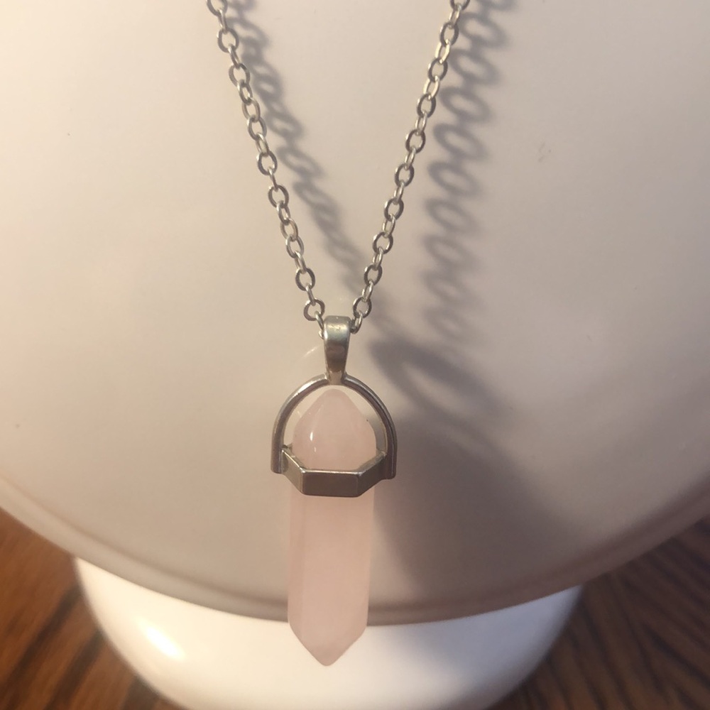 Pink natural healing stone silver chain necklace